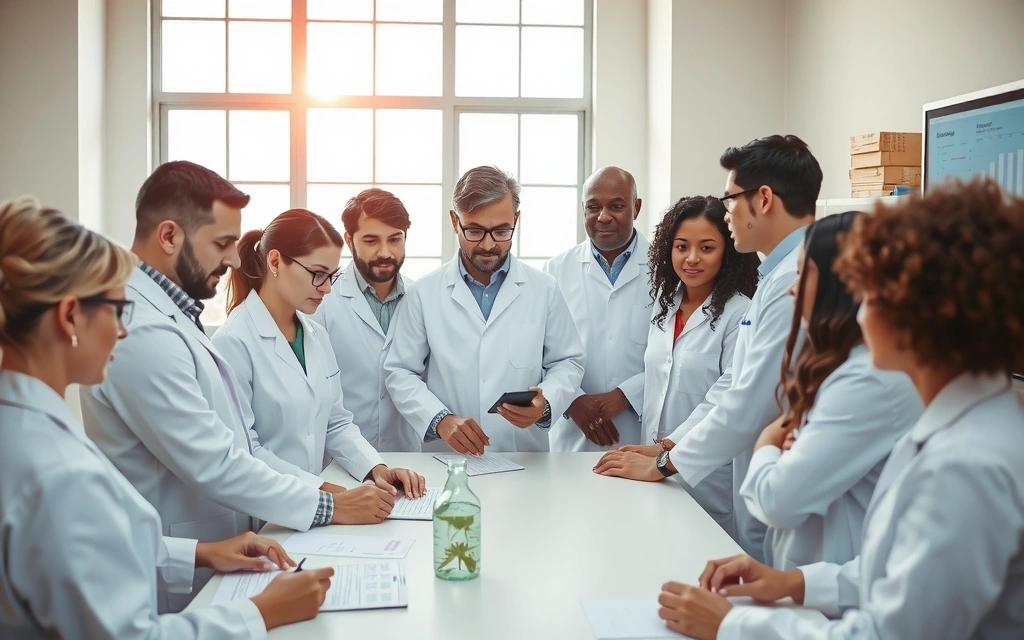 Diverse team of scientists and botanists collaborating in a modern, clean lab environment