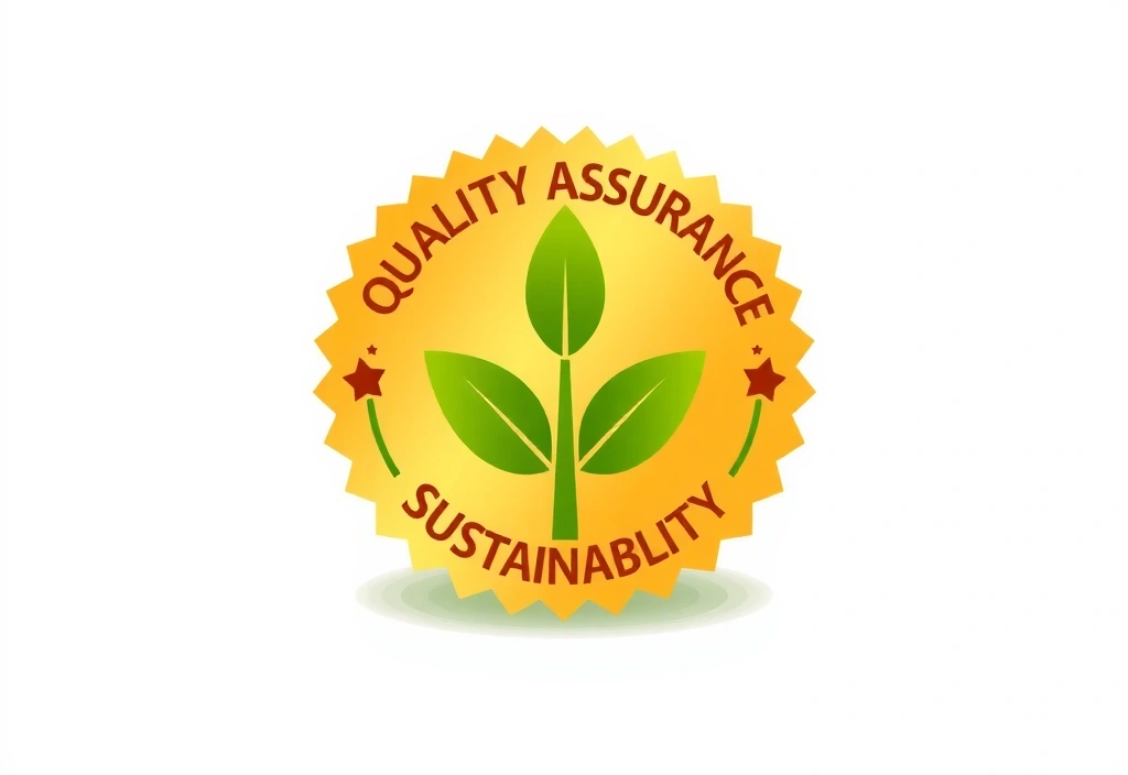 Icon representing quality assurance and sustainability with a golden seal and green leaf