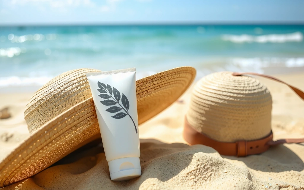 Sunscreen bottle next to a wide-brimmed hat on a beach, symbolizing sun protection