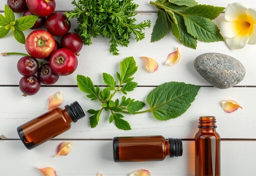 Elegant display of natural ingredients like herbs, berries, and essential oils, signifying health and beauty products