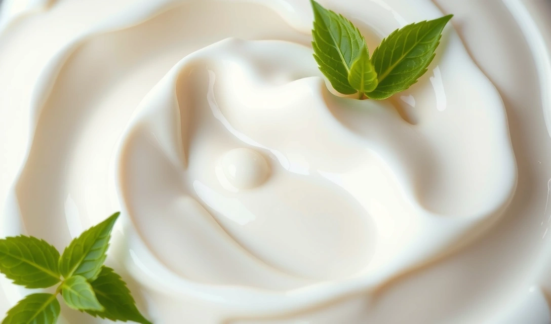 Close-up of a luxurious, creamy moisturizer texture with natural botanical extracts and soft light