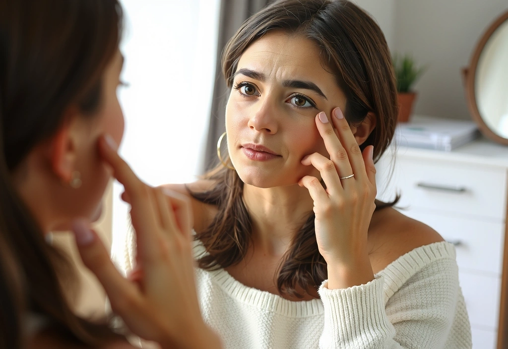 Woman looking in a mirror concerned about wrinkles and dull skin