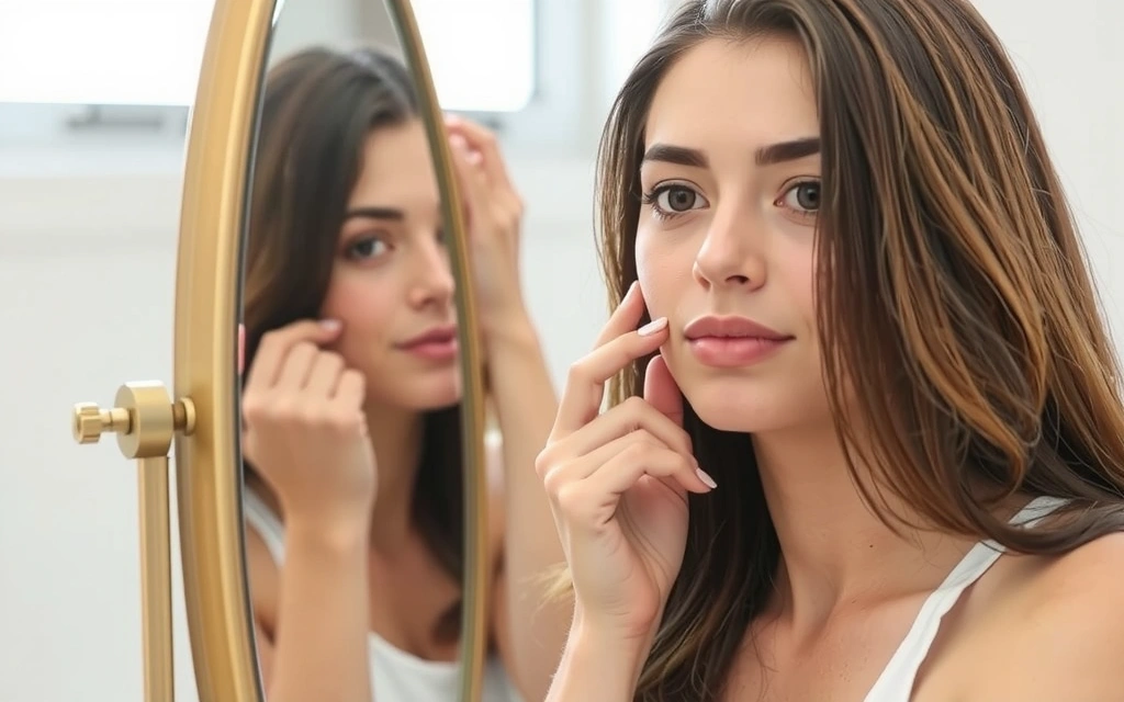 Woman examining her skin in a mirror